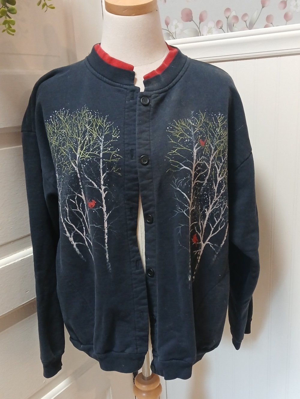 Vintage Navy Cardigane Tree & Red Bird Cardinal